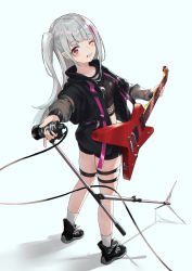 Rule 34 | 0shino, 1girl, ass, bad id, bad twitter id, black footwear, black jacket, black shirt, black shorts, breasts, crop top, electric guitar, fishnets, from behind, full body, girls&#039; frontline, grey hair, grin, guitar, highres, holding, holding instrument, instrument, jacket, layered sleeves, long hair, long sleeves, looking at viewer, looking back, mdr (girls&#039; frontline), microphone, microphone stand, midriff, multicolored hair, one eye closed, one side up, open clothes, open jacket, original, red eyes, shadow, shirt, shoes, short over long sleeves, short shorts, short sleeves, shorts, simple background, skindentation, small breasts, smile, socks, solo, standing, streaked hair, thigh strap, thighs, white background, white socks