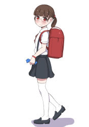 Rule 34 | 1girl, absurdres, backpack, bad id, bad pixiv id, bag, black footwear, black skirt, blunt bangs, blush, bracelet, brown hair, closed mouth, from side, full body, glasses, head tilt, highres, holding, jewelry, loafers, looking at viewer, looking to the side, original, pleated skirt, randoseru, red eyes, school uniform, shirt, shoes, short sleeves, skirt, smile, solo, surio, suspender skirt, suspenders, thighhighs, twintails, walking, white background, white shirt, white thighhighs