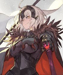 Rule 34 | 1girl, ahoge, armor, armored dress, blonde hair, breasts, cape, cowboy shot, fate/grand order, fate (series), from below, from side, fur-trimmed cape, fur trim, headphones, highres, jeanne d&#039;arc (fate), jeanne d&#039;arc alter (avenger) (fate), jeanne d&#039;arc alter (fate), lack, light smile, looking at viewer, medium breasts, planted, red cape, smile, solo, standard bearer, white background, yellow eyes