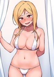 Rule 34 | 1girl, arm behind back, bikini, blonde hair, blush, breasts, cleavage, collarbone, commentary request, curtain grab, curtains, embarrassed, gluteal fold, idolmaster, idolmaster million live!, idolmaster million live! theater days, korean commentary, kwaejina, large breasts, long hair, looking at viewer, mixed-language commentary, momose rio, navel, nose blush, o-ring, o-ring bikini, open mouth, red eyes, solo, standing, straight hair, sweatdrop, swimsuit, white bikini