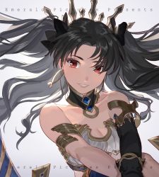Rule 34 | 1girl, arm strap, asymmetrical sleeves, bare shoulders, black bow, black gloves, black hair, black sleeves, blue legwear, bow, bra, breasts, choker, cleavage, crown, detached sleeves, diadem, earrings, emmmerald, fate/grand order, fate (series), floating hair, gloves, grey background, grey bra, grin, hair bow, head tilt, ishtar (fate), jewelry, long hair, long sleeves, looking at viewer, medium breasts, neck ring, parted bangs, red eyes, single sleeve, smile, solo, strapless, strapless one-piece swimsuit, striped bra, striped clothes, swimsuit, underwear, uneven sleeves, upper body, v arms, very long hair, wavy hair, wind, wind lift