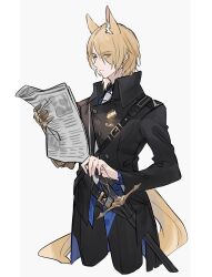 Rule 34 | 1boy, absurdres, animal ear fluff, animal ears, arknights, black coat, black pants, blonde hair, blue shirt, border, coat, collared shirt, cropped legs, gauntlets, grey background, hair over one eye, hand on hilt, highres, holding, holding newspaper, horse boy, horse ears, horse tail, long sleeves, looking at viewer, male focus, mlynar (arknights), necktie, newspaper, pants, sheath, sheathed, shirt, short hair, simple background, single gauntlet, solo, sword, tail, weapon, white necktie, yakota (usuk-yako), yellow eyes