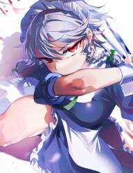 Rule 34 | 1girl, apron, bare legs, between fingers, blood, blue dress, braid, covered mouth, dress, fern (bhbtr), from above, glowing, glowing eye, hair between eyes, highres, holding, holding knife, izayoi sakuya, knife, knives between fingers, looking at viewer, maid, maid headdress, perspective, red eyes, short hair, short sleeves, solo, touhou, twin braids, waist apron, white background, wrist cuffs