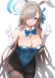 Rule 34 | 1girl, absurdres, animal ears, asuna (blue archive), asuna (bunny) (blue archive), bare shoulders, blue archive, blue bow, blue bowtie, blue eyes, blue leotard, blush, bow, bowtie, breasts, brown hair, brown pantyhose, cleavage, closed mouth, collar, commentary, detached collar, elbow gloves, fake animal ears, gloves, hair bow, hair over one eye, hairband, halo, hands up, highres, large breasts, leotard, long hair, looking at viewer, md5 mismatch, meow nyang, mole, mole on breast, pantyhose, playboy bunny, rabbit ears, simple background, solo, strapless, strapless leotard, sweat, thighband pantyhose, very long hair, white background, white collar, white gloves, white hairband, wing collar
