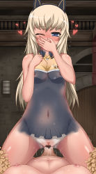 Rule 34 | 1futa, 1girl, absurdres, animal ears, bed, blonde hair, blue eyes, blush, bodypaint, breasts, censored, cheerleader, covering own mouth, cowgirl position, cum, female pov, futa with female, futanari, futanari pov, girl on top, heart, heart censor, helma lennartz, highres, long hair, lying, medium breasts, monizumi ishikawa, multiple girls, navel, nipples, nude, on back, one eye closed, open mouth, penis, pointless censoring, pom pom (cheerleading), pov, pussy, pussy juice, saliva, sex, solo focus, straddling, strike witches, strike witches: suomus misfits squadron, sweat, trembling, vaginal, wince, world witches series