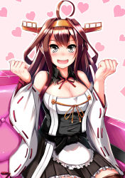 Rule 34 | 10s, 1girl, :d, adapted costume, ahoge, alternate costume, apron, breasts, brown hair, cleavage, clenched hands, detached sleeves, double bun, fuuki (nicoseiga), fuuki (te fuukin), hairband, heart, heart background, highres, kantai collection, kongou (kancolle), long hair, looking at viewer, maid apron, nontraditional miko, open mouth, pleated skirt, grey eyes, sitting, skirt, smile, solo, thighhighs, zettai ryouiki