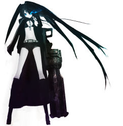 Rule 34 | 10s, 1girl, arm cannon, belt, bikini, bikini top only, black hair, black rock shooter, black rock shooter (character), blue eyes, boots, cannon, cape, coat, flat chest, front-tie top, full body, gloves, glowing, glowing eye, glowing eyes, greyscale, gun, hair over one eye, highres, hood, hooded jacket, huke, jacket, knee boots, kneehighs, long hair, midriff, monochrome, navel, pale skin, scar, short shorts, shorts, simple background, socks, solo, standing, stitches, swimsuit, twintails, uneven twintails, very long hair, weapon, white background