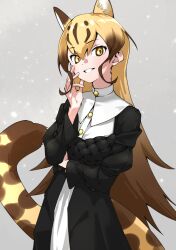 Rule 34 | 1girl, absurdres, alternate costume, black shirt, blonde hair, brown hair, cheetah ears, cheetah girl, cheetah tail, commentary request, extra ears, high collar, highres, kemono friends, kemono friends 3, king cheetah (kemono friends), long hair, long sleeves, looking at viewer, multicolored hair, official alternate costume, puffy sleeves, shirt, sidelocks, solo, tanabe (fueisei), upper body, white shirt, yellow eyes