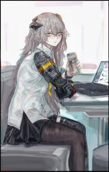 Rule 34 | 1girl, absurdres, arm on table, black skirt, booth seating, brown hair, can, canned coffee, collared shirt, commentary, computer, drink can, english commentary, feet out of frame, from side, girls&#039; frontline, hair between eyes, headgear, highres, holding, holding can, laptop, long hair, looking at viewer, mechanical arms, messy hair, mod3 (girls&#039; frontline), nslacka, pantyhose, pleated skirt, scar, scar across eye, shirt, single leg pantyhose, single mechanical arm, sitting, skirt, solo, table, ump45 (girls&#039; frontline), ump45 (mod3) (girls&#039; frontline), white shirt, yellow eyes