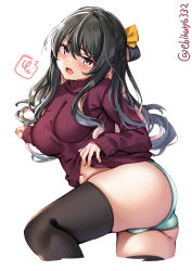 Rule 34 | 1girl, alternate costume, bad anatomy, black hair, black thighhighs, blue panties, blush, cropped legs, ebifurya, fang, highres, kantai collection, long hair, long sleeves, multicolored hair, naganami (kancolle), navel, no pants, open mouth, panties, pink hair, purple sweater, ribbed sweater, simple background, solo, sweat, sweater, thighhighs, twitter username, underwear, wavy hair, white background, yellow eyes