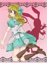 Rule 34 | alice (alice in wonderland), alice in wonderland, blonde hair, bloomers, blue eyes, boots, bow, hair bow, looking back, nobody-knows, pocket watch, silhouette, underwear, watch, white rabbit (alice in wonderland)