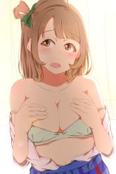 Rule 34 | 1girl, blush, bow, bra, breasts, brown eyes, cleavage, feitonokesin, female focus, green bow, green bra, grey hair, hair bow, hands on own chest, highres, large breasts, long hair, looking at viewer, love live!, love live! school idol project, minami kotori, navel, open clothes, open mouth, otonokizaka school uniform, school uniform, solo, underwear