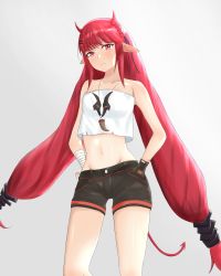 Rule 34 | 1girl, absurdres, arknights, bandages, bare arms, bare shoulders, black gloves, black shorts, commentary, cosplay, cowboy shot, crop top, crop top overhang, gloves, grey background, head tilt, highres, horns, jewelry, kakujin, long hair, looking at viewer, no headwear, pendant, pointy ears, red eyes, red hair, short shorts, shorts, sidelocks, simple background, single glove, solo, standing, strapless, tail, thighs, tube top, vermeil (arknights), vermeil (arknights) (cosplay), very long hair, vigna (arknights), wrist wrap