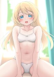 Rule 34 | 1girl, absurdres, blonde hair, blue eyes, bra, breasts, collarbone, cowboy shot, curtains, dress, frilled dress, frills, highres, jervis (kancolle), kantai collection, long hair, looking at viewer, makura (y makura), open mouth, panties, round teeth, sitting, small breasts, smile, solo, swept bangs, teeth, training bra, underwear, underwear only, upper teeth only, white panties, window