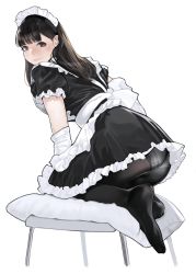 Rule 34 | 1girl, apron, ass, black dress, blue panties, blunt bangs, blush, brown eyes, brown hair, cushion, dress, elbow gloves, feet, frilled dress, frilled sleeves, frills, from side, full body, gloves, highres, kneeling, leaning forward, lips, long hair, looking at viewer, looking to the side, maid, maid headdress, no shoes, original, panties, panties under pantyhose, pantyhose, pantyshot, puffy short sleeves, puffy sleeves, short sleeves, solo, stool, straight hair, underwear, upskirt, white apron, white gloves, yomu (sgt epper)