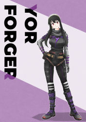 Rule 34 | 1girl, apex legends, black bodysuit, black footwear, black hair, black scarf, bodysuit, boots, breasts, character name, cosplay, eyebrows hidden by hair, gloves, grey gloves, hand on own hip, head tilt, large breasts, looking at viewer, red eyes, scarf, second-party source, sidelocks, smile, solo, spy x family, wraith (apex legends), wraith (apex legends) (cosplay), yor briar