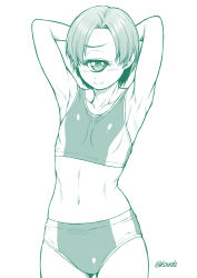 Rule 34 | 1girl, armpits, arms behind head, arms up, blush, breasts, buruma, closed mouth, copyright request, cowboy shot, cyclops, green theme, greyscale, kouda tomohiro, looking at viewer, midriff, monochrome, monster girl, navel, one-eyed, short hair, simple background, small breasts, smile, solo, sports bra, standing, twitter username, two-tone sports bra, white background