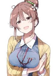Rule 34 | 1girl, arm under breasts, blue shirt, blush, breasts, brown hair, cardigan, hair bun, highres, lanyard, large breasts, looking at viewer, nyoijizai, own hands together, palms together, sakura quest, shinomiya shiori, shirt, sidelocks, simple background, single hair bun, smile, solo, upper body, white background, yellow cardigan