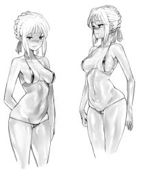 Rule 34 | 1girl, artoria pendragon (all), artoria pendragon (fate), bikini, blush, braid, breasts, cleft of venus, covered erect nipples, d1975, fate/stay night, fate (series), greyscale, hair ribbon, highres, looking at viewer, medium breasts, micro bikini, monochrome, multiple views, navel, parted lips, pussy, ribbon, saber (fate), skindentation, swimsuit