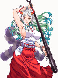 Rule 34 | 1girl, ahoge, arm up, armpits, bare arms, bare shoulders, blue hair, breasts, chain, closed mouth, club, club (weapon), cuffs, curled horns, earrings, fingernails, floating hair, green hair, hair ornament, hair stick, hakama, hakama skirt, hanzaki jirou, highres, hip vent, holding, holding weapon, horns, impossible clothes, japanese clothes, jewelry, kanabou, kataginu, large breasts, lips, long hair, looking at viewer, multicolored hair, multicolored horns, no bra, one piece, oni, orange horns, red eyes, red horns, rope, shackles, shimenawa, sideboob, sidelocks, simple background, skirt, smile, solo, very long hair, weapon, white background, yamato (one piece)