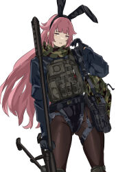 Rule 34 | 1girl, animal ears, black corset, black gloves, black jacket, black pantyhose, camouflage, character request, chest rig, corset, fake animal ears, girls&#039; frontline, gloves, gun, highres, jacket, leotard, long hair, looking at viewer, mutugorou u, pantyhose, pink eyes, pink hair, playboy bunny, rifle, sniper rifle, solo, very long hair, weapon, white background, woodland camouflage