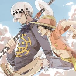 Rule 34 | 2boys, hat, jumping, monkey d. luffy, multiple boys, one piece, open clothes, open shirt, shirt, shorts, smile, straw hat, sword, trafalgar law, weapon, zombie (ebcho1997)