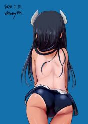 Rule 34 | 1girl, ass, black hair, blue background, blue one-piece swimsuit, clothes pull, dated, from behind, headgear, highres, i-400 (kancolle), kantai collection, kozzy.ta, long hair, one-hour drawing challenge, one-piece swimsuit, one-piece swimsuit pull, one-piece tan, school swimsuit, signature, solo, swimsuit, tan, tanline