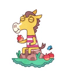 Rule 34 | 1boy, animal crossing, apple, bug, butterfly, closed eyes, clyde (animal crossing), eating, food, fruit, grass, horse, insect, nintendo, simple background, sitting on tree stump, tom eccles, white background