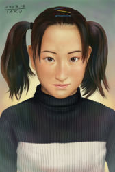 Rule 34 | brown eyes, brown hair, hair ornament, hairclip, lowres, matataku, realistic, solo, sweater, turtleneck, twintails