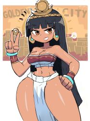 Rule 34 | 1girl, absurdres, between fingers, black hair, blush, bracelet, breasts, brown eyes, brown shirt, chel (the road to el dorado), city, cityscape, cleavage, coin, collarbone, dark skin, dreamworks, earrings, gold, gold coin, grin, hand on own hip, headdress, highres, holding, jewelry, loincloth, long hair, looking at viewer, medium breasts, midriff, navel, red lips, shirt, sleeveless, sleeveless shirt, smile, standing, star (symbol), strapless, sun, teeth, the road to el dorado, thick thighs, thighs, tony welt, tube top, white background, wristband
