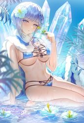Rule 34 | 1girl, akershus fortress (oshiro project), bikini, blue bikini, blue eyes, breasts, cape, cleavage, crystal, dripping, flower, highres, in water, large breasts, looking at viewer, navel, oshiro project:re, oshiro project:re, short hair, sitting, solo, swimsuit, syandega, thighs, water, wet, white hair