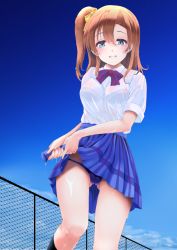 Rule 34 | 1girl, :d, black socks, blue panties, blue skirt, blue sky, blush, bow, bowtie, bra, breasts, brown hair, cameltoe, day, fence, frapowa, gluteal fold, hair between eyes, hair ribbon, kneehighs, kosaka honoka, looking at viewer, love live!, love live! school idol project, medium hair, open mouth, outdoors, panties, pantyshot, pleated skirt, ribbon, school uniform, see-through, shirt, short sleeves, side ponytail, skirt, sky, small breasts, smile, socks, solo, standing, two-tone neckwear, underwear, water drop, wet, wet clothes, wet hair, white shirt, wringing clothes, wringing skirt, yellow ribbon, | |