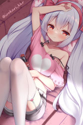 Rule 34 | 1girl, arm up, azur lane, bare shoulders, belt, blush, bottle, bow, closed mouth, collarbone, commentary, couch, feet out of frame, garter straps, grey shorts, hair bow, hairband, hand on own stomach, heart, heart print, highres, holding, holding bottle, irokari, knees up, laffey (azur lane), long hair, looking at viewer, lying, midriff, off-shoulder shirt, off shoulder, on back, on couch, pink shirt, print shirt, red bow, red eyes, shirt, short shorts, short sleeves, shorts, sidelocks, silver hair, smile, soda bottle, solo, strap slip, thighhighs, twintails, twitter username, very long hair, white belt, white thighhighs