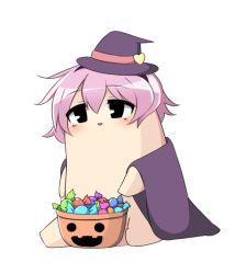 Rule 34 | 1girl, candy, cape, chibi, halloween, hat, komeiji satori, pink hair, solo, su----per cute, touhou, twumi, white background, witch hat