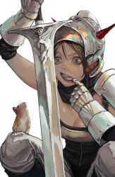 Rule 34 | 1girl, animal, armor, black leotard, blue eyes, breastplate, breasts, brown hair, cleavage, clenched teeth, coif, commentary, english commentary, fake horns, female knight, finger in own mouth, gauntlets, helmet, holding, holding sword, holding weapon, horned helmet, horns, knight, leotard, looking at mirror, medium breasts, mirror, original, planted, planted sword, planted weapon, red horns, short hair, shoulder armor, solo, squirrel, sword, tahra, teeth, weapon, white background