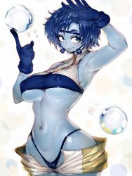 Rule 34 | 1girl, arm up, blue eyes, blue gloves, blue hair, blue lips, blue skin, boku no hero academia, breasts, bubble girl (boku no hero academia), closed mouth, colored skin, covered erect nipples, crop top, cropped legs, fumio (rsqkr), gloves, grey background, highres, hydrokinesis, index finger raised, looking at viewer, medium breasts, messy hair, navel, nipples, short hair, short shorts, shorts, simple background, smile, solo, stomach, thong, two-tone shorts, underboob, water, zipper, zipper pull tab