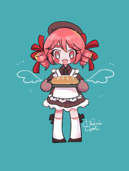 Rule 34 | 1girl, :3, alternate costume, apron, baguette, beret, black footwear, blue background, blush stickers, bread, brown dress, brown hat, chibi, collared dress, commentary request, drawn wings, dress, drill hair, food, frilled apron, frills, hair ribbon, hat, highres, holding, holding tray, kagari gumi, kasane teto, looking at viewer, notice lines, open mouth, oven mitts, over-kneehighs, pigeon-toed, pink hair, red eyes, red ribbon, ribbon, shoes, short dress, short hair, signature, simple background, socks, solo, standing, thick eyebrows, thighhighs, tray, twin drills, utau, white apron, white socks