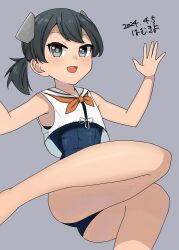 Rule 34 | 1girl, artist name, black hair, blue one-piece swimsuit, crop top, dated, feet out of frame, grey background, grey eyes, hamukiyo, headgear, highres, i-41 (kancolle), kantai collection, low ponytail, neckerchief, one-piece swimsuit, orange neckerchief, sailor collar, sailor shirt, school swimsuit, shirt, short hair, simple background, sleeveless, sleeveless shirt, solo, swimsuit, swimsuit under clothes, white sailor collar, white shirt