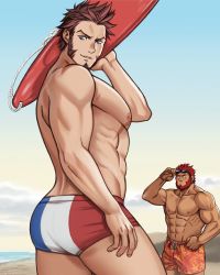 Rule 34 | 2boys, abs, absurdres, alternate costume, ass, ass focus, bara, beard, blood, blue eyes, blue male swimwear, blue swim briefs, brown hair, bulge, commission, couple, drawstring, eyewear on head, facial hair, fate/grand order, fate/zero, fate (series), goatee, highres, iskandar (fate), long sideburns, looking at viewer, male focus, male swimwear, multicolored male swimwear, multicolored swim briefs, multiple boys, muscular, napoleon bonaparte (fate), nosebleed, one-piece swimsuit, orange male swimwear, orange swim trunks, pectorals, print male swimwear, print swim briefs, print swim trunks, red hair, red male swimwear, red swim briefs, scar, sideburns, smile, staring, steel peach, striped clothes, striped male swimwear, striped one-piece swimsuit, swim briefs, swim trunks, swimsuit, thighs, topless male, vertical-striped clothes, vertical-striped male swimwear, vertical-striped one-piece swimsuit, white male swimwear, white swim briefs