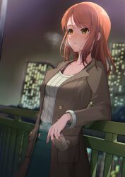 Rule 34 | 1girl, blue sky, blush, breasts, brown coat, brown hair, building, cleavage, coat, coffee cup, cup, disposable cup, drink, green skirt, highres, hojo karen, holding, holding cup, holding drink, idolmaster, idolmaster cinderella girls, long hair, long sleeves, medium breasts, night, night sky, open clothes, open coat, outdoors, railing, shirt, skirt, sky, skyscraper, solo, t.r, white shirt, yellow eyes
