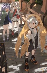 Rule 34 | 3girls, absurdres, aged down, animal ears, bandaid, bandaid on knee, bandaid on leg, bench, blonde hair, blue eyes, blush, braid, cf05 (girls&#039; frontline), cf05 (king of hotpotland) (girls&#039; frontline), commentary request, fake animal ears, full body, girls&#039; frontline, highres, long hair, multiple girls, official alternate costume, open mouth, outdoors, pkp (after-rain assault squad) (girls&#039; frontline), pkp (girls&#039; frontline), purple hair, raincoat, rpk-203 (girls&#039; frontline), rpk-203 (little volunteer) (girls&#039; frontline), rui (rei leyi), suspenders, thighhighs, twin braids, weapon case, yellow eyes