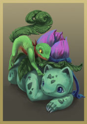 Rule 34 | blue eyes, border, brown background, brown border, bulbasaur, claws, closed mouth, colored skin, commentary, creature, creatures (company), endivinity, eye contact, game freak, gen 1 pokemon, gen 3 pokemon, green skin, leaf, looking at another, lying, neckerchief, nintendo, no humans, on stomach, pokemon, pokemon (creature), pokemon rgby, pokemon rse, realistic, simple background, treecko, yellow eyes