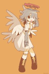 Rule 34 | 1girl, angel, angel wings, belt, black eyes, black footwear, boots, breasts, commentary, dress, feathered wings, full body, grey hair, grey sleeves, halo, hand on own head, happy, highres, kokum0tsu, leg belt, looking to the side, multiple wings, open mouth, orange background, original, red halo, short hair, sidelocks, simple background, small breasts, smile, solo, standing, symbol-only commentary, white dress, wings, yellow belt