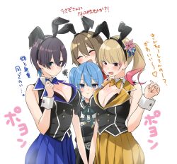 Rule 34 | 4girls, animal ears, black dress, black hair, black vest, blonde hair, blue skirt, blush, breasts, brown hair, bunny garden, cleavage, closed eyes, closed mouth, collar, detached collar, dress, fake animal ears, flower, gradient hair, hair flower, hair ornament, highres, hololive, hoshimachi suisei, hoshimachi suisei (streetwear), kana (bunny garden), large breasts, leotard, long hair, looking down, miuka (bunny garden), multicolored hair, multiple girls, nisi ki no, official alternate costume, one side up, open mouth, pink hair, playboy bunny, rabbit ears, rin (bunny garden), short hair, skirt, small breasts, twintails, vest, virtual youtuber, white background, white collar, white wrist cuffs, wrist cuffs, yellow skirt