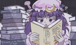 Rule 34 | 1girl, ?, book, book stack, confused, georg wilhelm friedrich hegel, hair ribbon, hat, highres, holding, library, long hair, mob cap, patchouli knowledge, psicochurroz, purple eyes, purple hair, reading, ribbon, solo, sweat, touhou