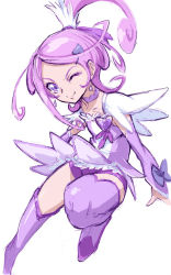 Rule 34 | 1girl, arm warmers, asymmetrical clothes, asymmetrical hair, bad id, bad pixiv id, boots, brooch, choker, cure sword, curly hair, detached sleeves, dokidoki! precure, dress, earrings, eyelashes, fingerless gloves, gloves, hair ornament, hairclip, half updo, happy, heart, heart brooch, jewelry, kenzaki makoto, kotomozou, looking at viewer, magical girl, one eye closed, ponytail, precure, purple dress, purple eyes, purple footwear, purple hair, purple thighhighs, short hair, side ponytail, simple background, sketch, smile, solo, thigh boots, thighhighs, white background, wink