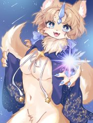 Rule 34 | 1girl, :3, animal ear fluff, animal ears, animal hands, animal nose, blue background, blue bow, blue cloak, blue eyes, blue horns, body fur, bow, breasts, brown fur, brown hair, claws, cloak, constellation print, diamond-shaped pupils, diamond (shape), drawstring, fangs, female focus, fox ears, fox girl, fox tail, furry, furry female, glowing, groin, hair bow, hair intakes, hands up, happy, highres, horns, looking at viewer, magic, medium breasts, medium hair, naked cloak, navel, neck fur, no nipples, open mouth, original, out-of-frame censoring, pawpads, sami (yaonga797), shooting star, sidelocks, single horn, smile, solo, sparkle, star (symbol), stomach, symbol-shaped pupils, tail, tail raised, teeth, tongue, twintails, two-tone fur, white fur, wide-eyed