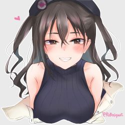 Rule 34 | 1girl, :d, armpit crease, bare shoulders, black hair, black hat, black sweater, blush, breasts, brown eyes, carrot (robosquat), collarbone, commentary request, cropped torso, grey background, grin, hair between eyes, hat, heart, idolmaster, idolmaster cinderella girls, jacket, large breasts, long hair, looking at viewer, medium breasts, mole, mole under eye, off shoulder, open clothes, open jacket, open mouth, ribbed sweater, sharp teeth, simple background, sleeveless, sleeveless turtleneck, smile, solo, sunazuka akira, sweater, teeth, turtleneck, twitter username, two side up, wavy hair, white jacket