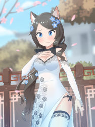 Rule 34 | 1girl, absurdres, aina (mao lian), animal ear fluff, animal ears, black panties, blue eyes, blue flower, blurry, blurry background, blurry foreground, blush, branch, breasts, bridal gauntlets, brown hair, cat ears, cat tail, cleavage, closed mouth, day, depth of field, dress, earrings, elbow gloves, floral print, flower, gloves, hair flower, hair ornament, hand on own chest, hand up, highres, jewelry, long dress, long hair, looking at viewer, mao lian (nekokao), medium breasts, original, panties, panty straps, petals, side-tie panties, side slit, solo, standing, tail, thighhighs, underwear, very long hair, white dress, white gloves, white thighhighs
