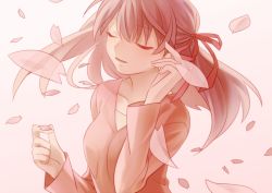 Rule 34 | 1girl, cherry blossoms, closed eyes, fate/stay night, fate (series), hair ribbon, lonelyethyl, long hair, matou sakura, monochrome, name connection, petals, pink theme, ribbon, solo